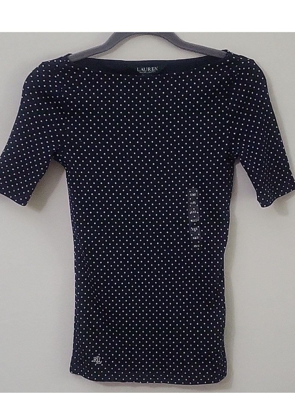 Lauren Ralph Lauren Navy Blue Polka Dot Boat Neck Top - Picture 3 of 3